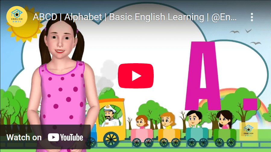 A colorful educational video thumbnail teaching the alphabet, helping kids improve basic English grammar with interactive visuals.