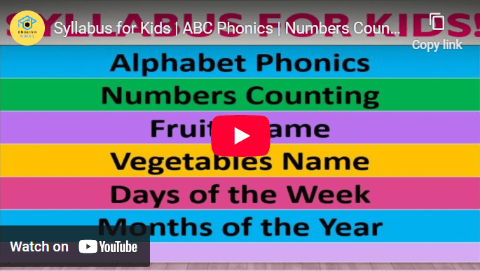Syllabus for kids covering ABC phonics, number counting, fruit and vegetable names, days of the week, and months of the year.
