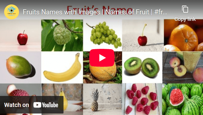 Learn fruit names with pictures, including apple, banana, mango, grapes, cherry, kiwi, orange, watermelon, and more.