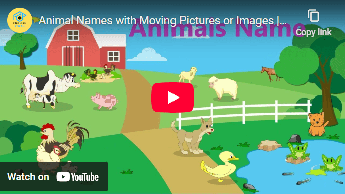 Learn animal names with animated pictures, featuring farm animals like cows, chickens, dogs, ducks, goats, and more in a fun learning environment.
